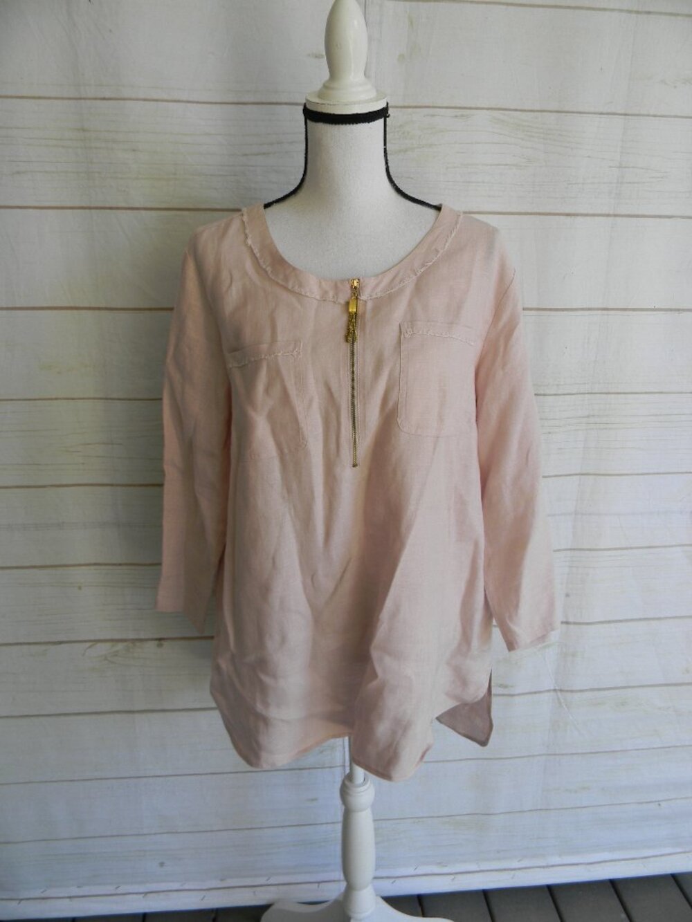 Ellen Tracy 100% LINEN Beige/PINK ZIP FRONT ROLL-TAB TUNIC BLOUSE SZ XL